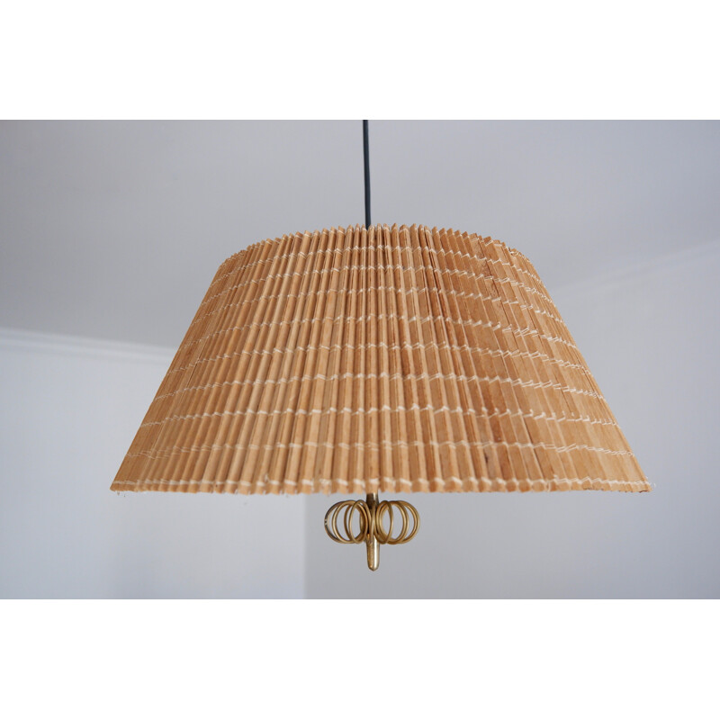 Vintage Paavo Tynell wood stripes and brass ceiling light for the interior of Hok Elanto, Finland 1950s