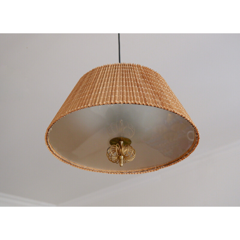 Vintage Paavo Tynell wood stripes and brass ceiling light for the interior of Hok Elanto, Finland 1950s