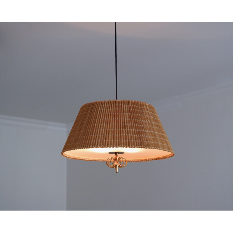 Vintage Paavo Tynell wood stripes and brass ceiling light for the interior of Hok Elanto, Finland 1950s