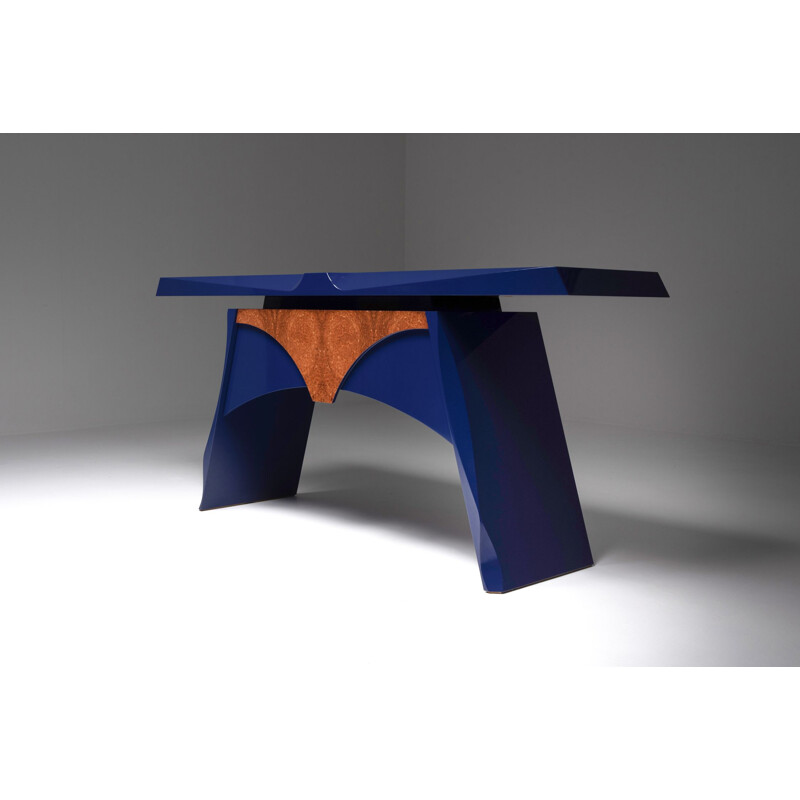 Table console vintage laquée bleu, Belgique 1980