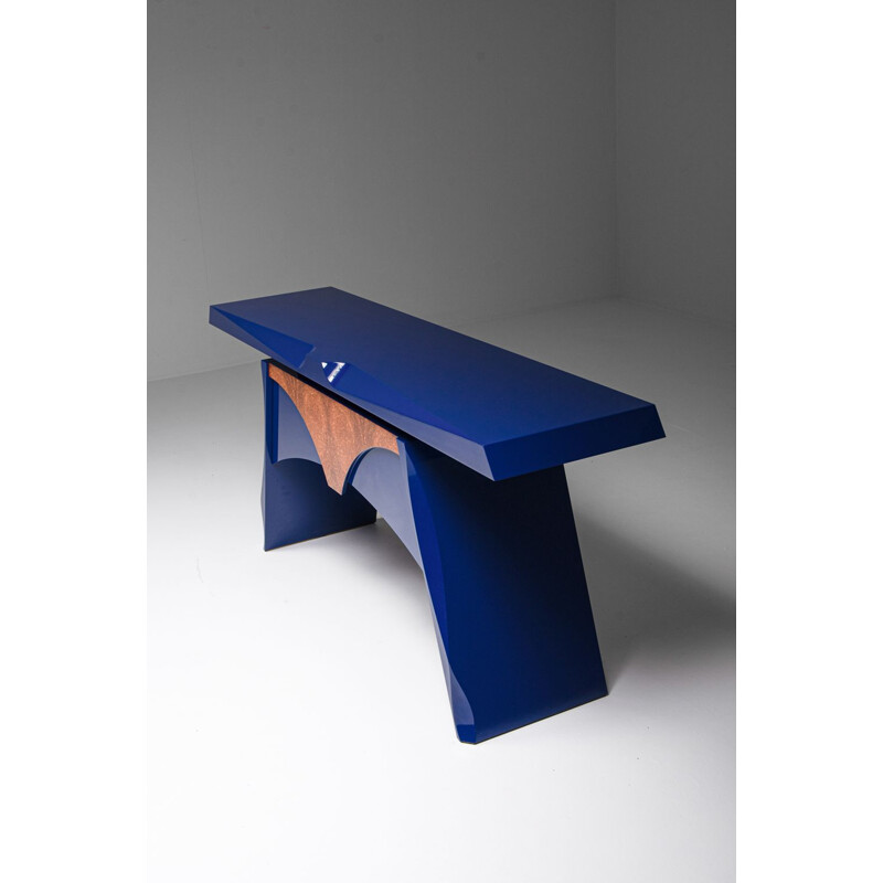 Table console vintage laquée bleu, Belgique 1980