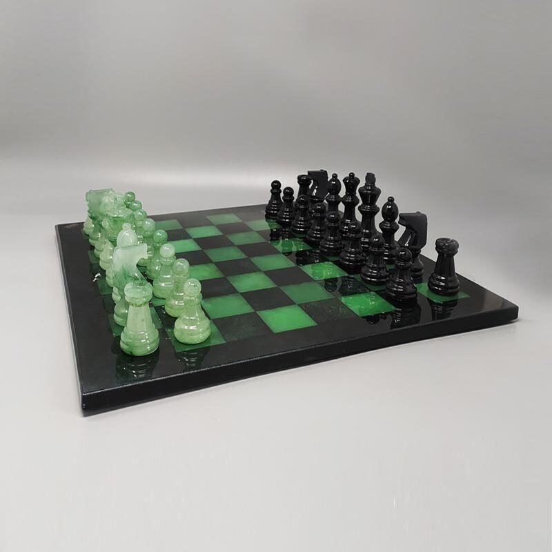 Vintage Black and Green Chess Set in Volterra Alabaster Handmade, Italy 1970s