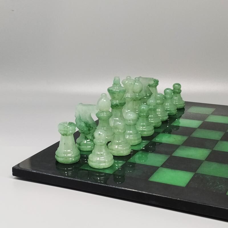 Jeu d'échecs vintage noir et vert en albâtre de Volterra fait à la main, Italie 1970