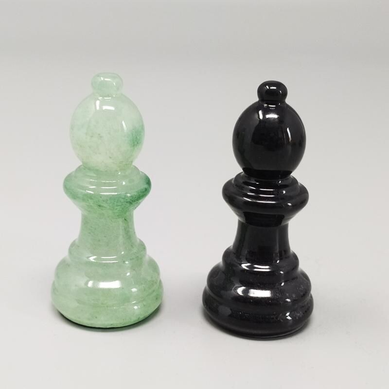 Jeu d'échecs vintage noir et vert en albâtre de Volterra fait à la main, Italie 1970