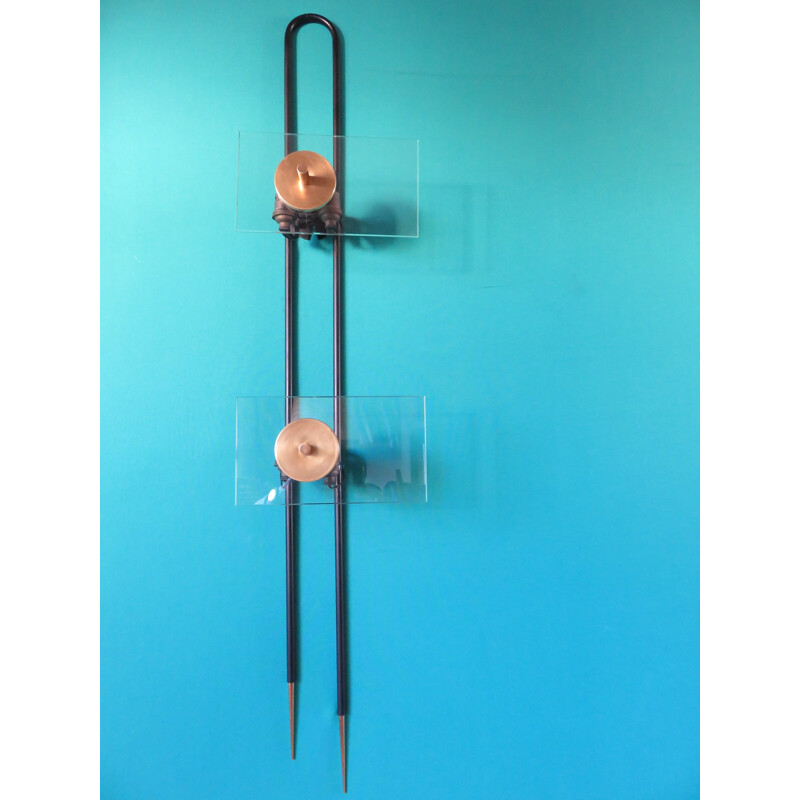 Vintage black lacquered metal and brass wall lamp for Arteluce, 1950