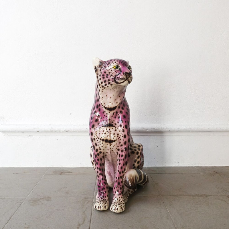 Vintage Purple Ceramic Leopard Sculpture, Portuguese 1970s 