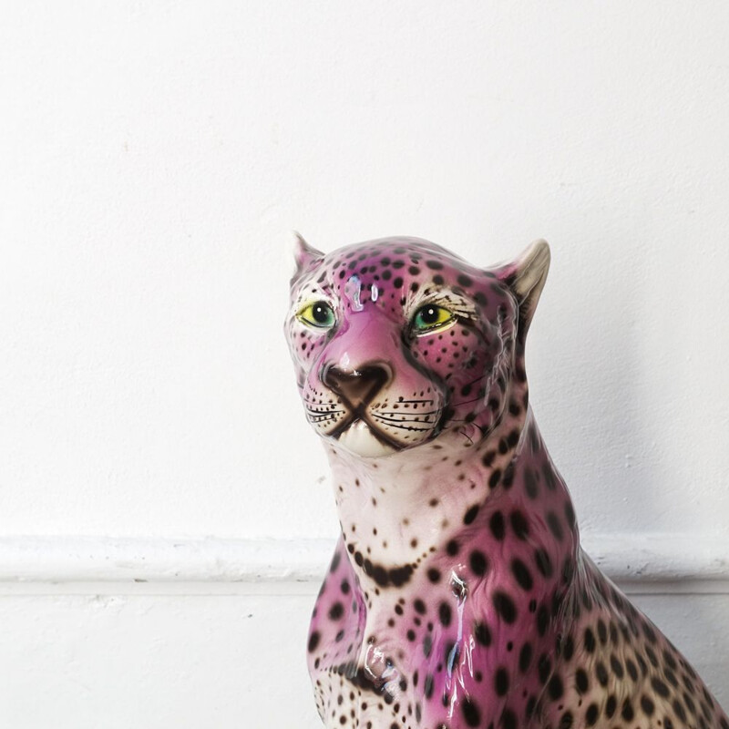 Vintage Purple Ceramic Leopard Sculpture, Portuguese 1970s 