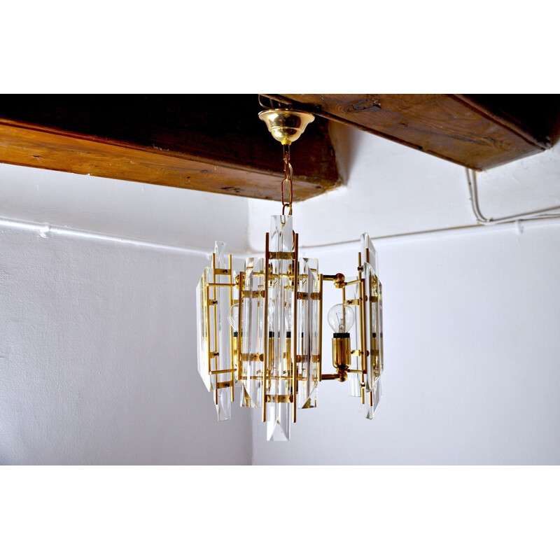 Vintage Venini 3 arms chandelier in Murano glass, Italy 1970s