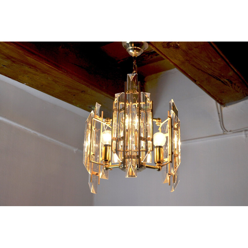 Vintage Venini 3 arms chandelier in Murano glass, Italy 1970s