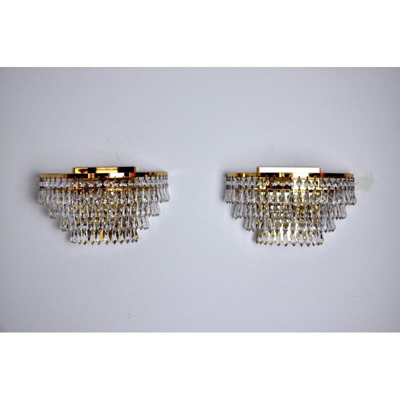 Pair of vintage Regency sconces with cut crystals 1980s