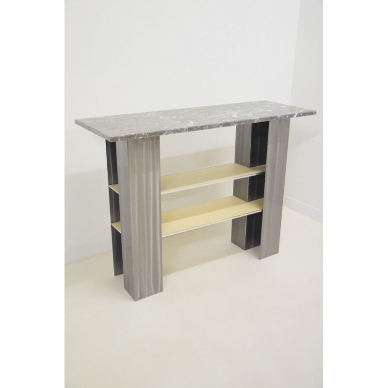 Vintage marmeren entree tafel, metaal, modernistische minimalistische console, Italië 1980