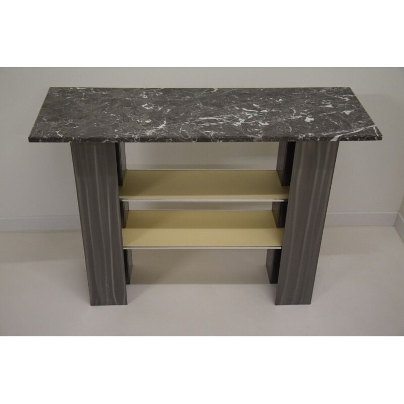 Tavolo d'ingresso vintage in marmo, metallo, console modernista minimalista, Italia 1980