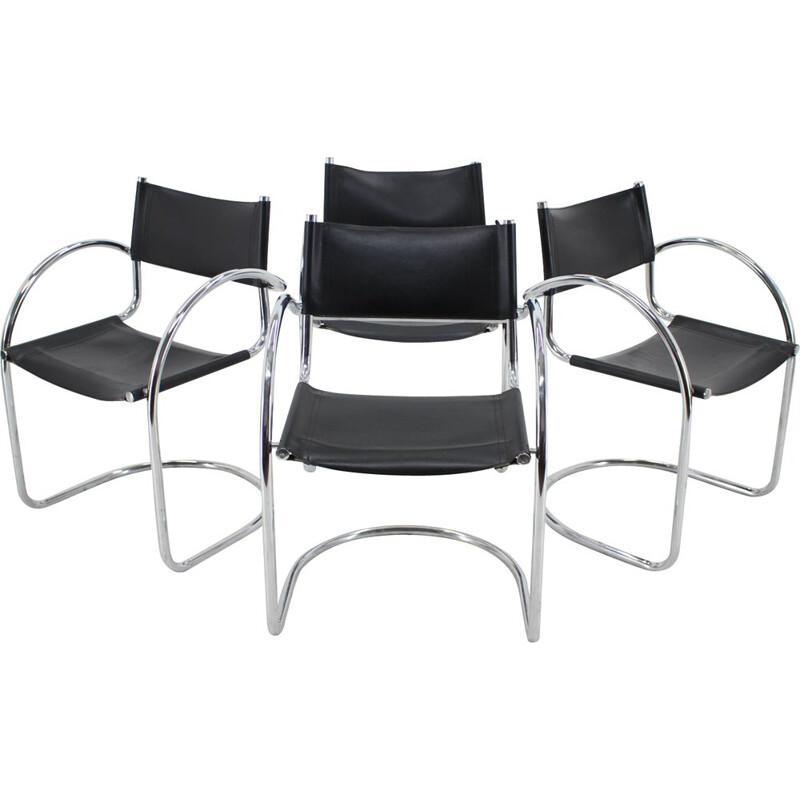 Set of 4 vintage tubular chairs in chrome and leather, Czechoslovakia 1970