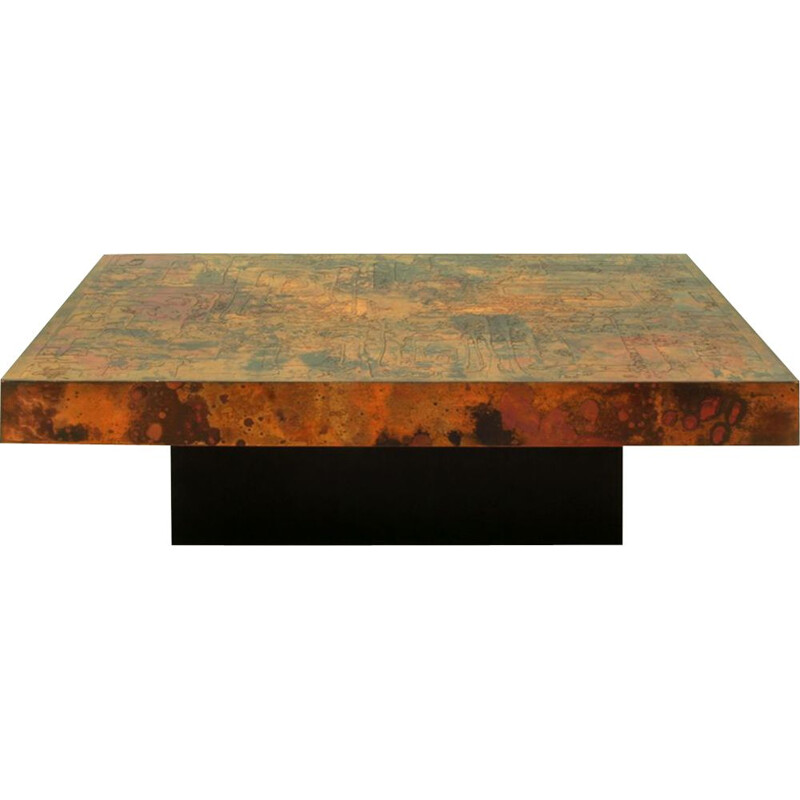 Large vintage Etched & Fire Oxidized Copper Coffee Table by Bernhard Rohne, German 1966s