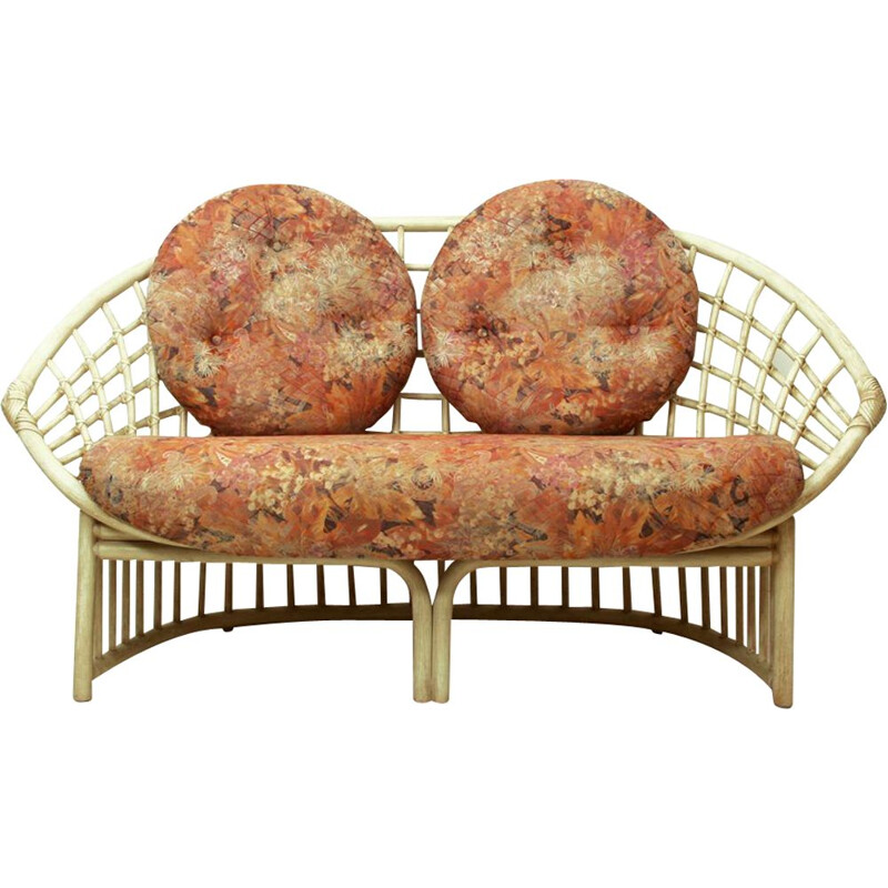 Vintage Multicolored Fabric & Rattan Two-Seater by Flechtatelier Schütz, German 1970s