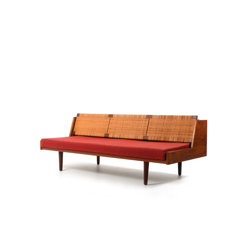 Lit de repos vintage GE-258 en teck et osier par Hans J.Wegner 1954