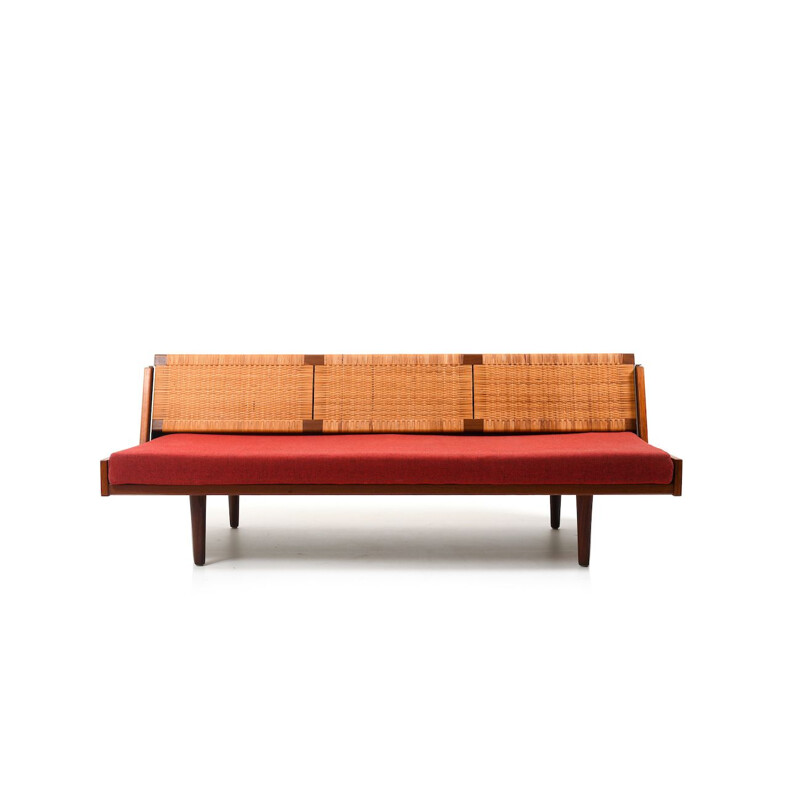 Lit de repos vintage GE-258 en teck et osier par Hans J.Wegner 1954