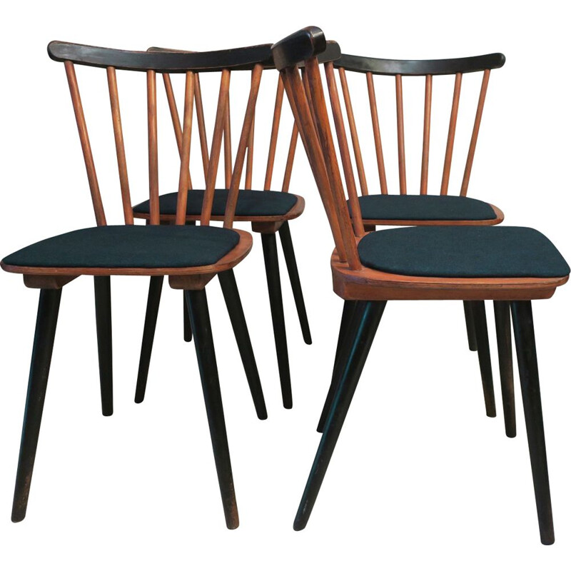 Set of 4 vintage Stick Back Dining Chairs with Petrol Blue Covers 1950s