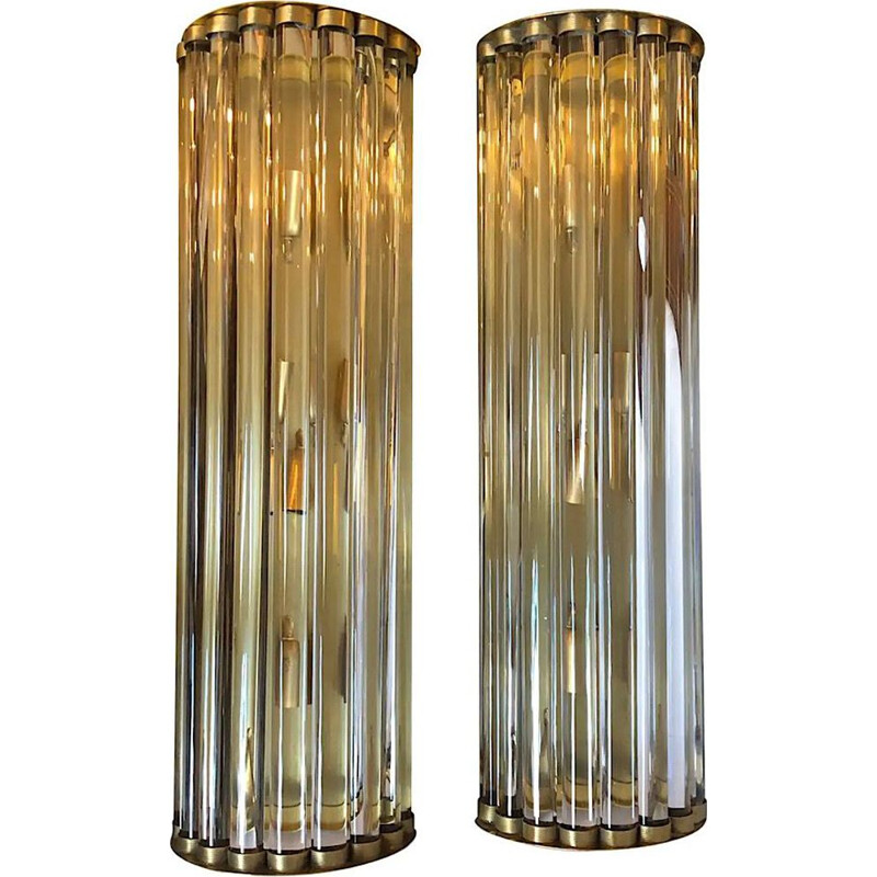 Pair of vintage Huge Modern Brass and Glass Wall Sconces, Italian 1970s