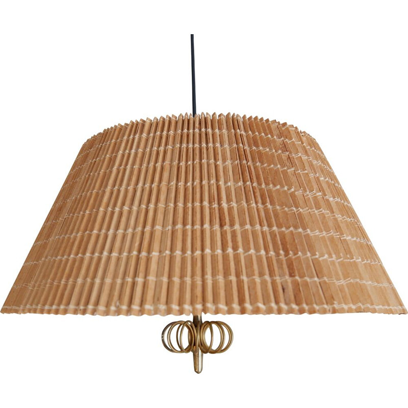 Vintage Paavo Tynell wood stripes and brass ceiling light for the interior of Hok Elanto, Finland 1950s