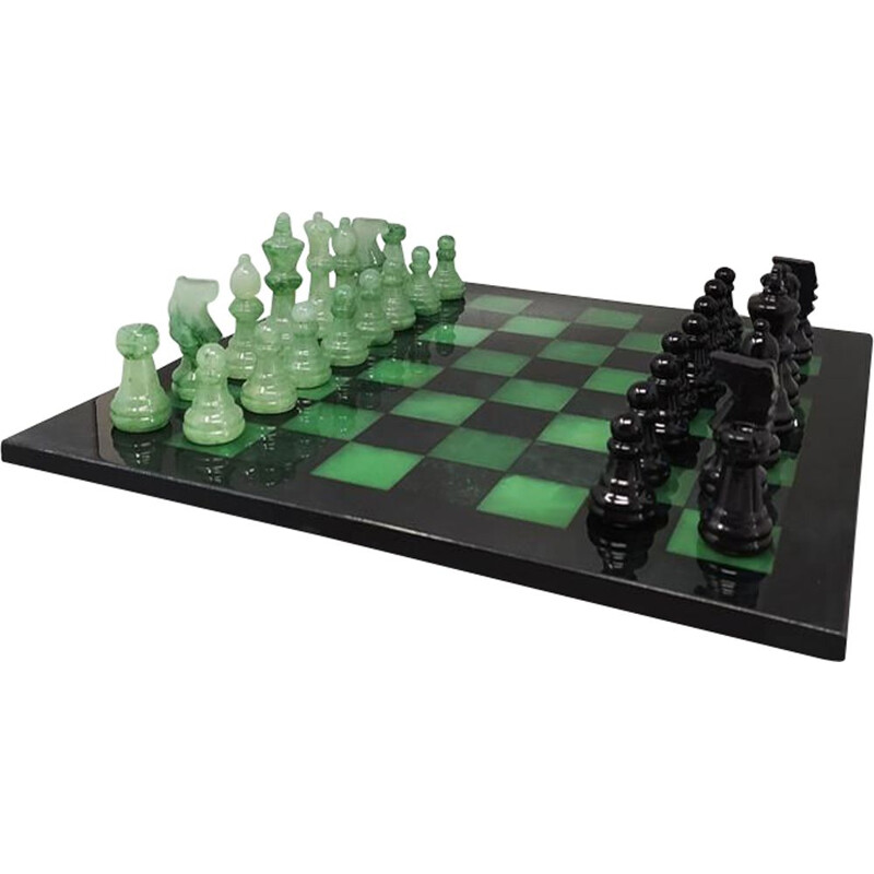 Jeu d'échecs vintage noir et vert en albâtre de Volterra fait à la main, Italie 1970