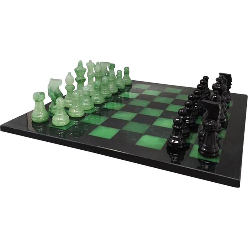 Vintage Black and Green Chess Set in Volterra Alabaster Handmade, Italy 1970s