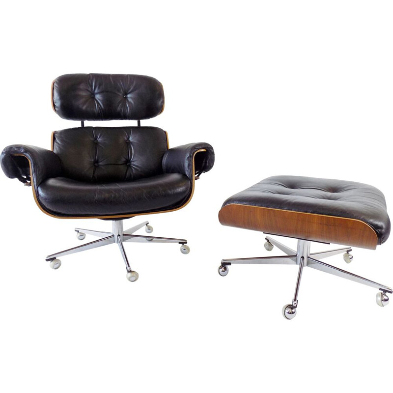 Fauteuil vintage en cuir Martin Stoll avec pouf 1960