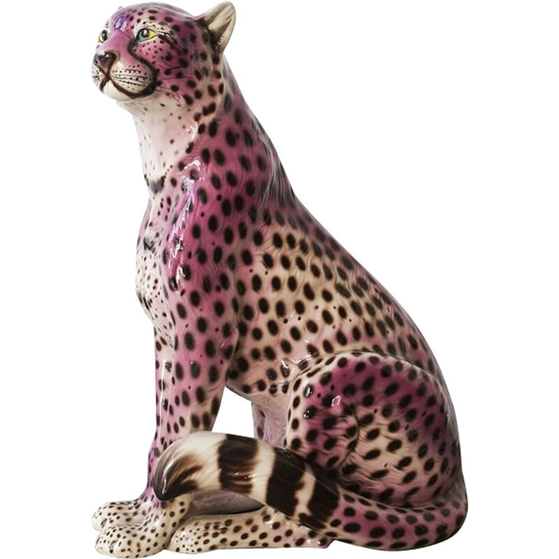 Vintage Purple Ceramic Leopard Sculpture, Portuguese 1970s 