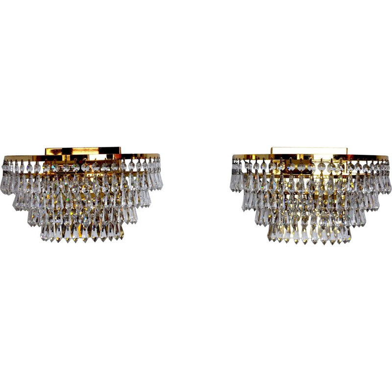 Pair of vintage Regency sconces with cut crystals 1980s