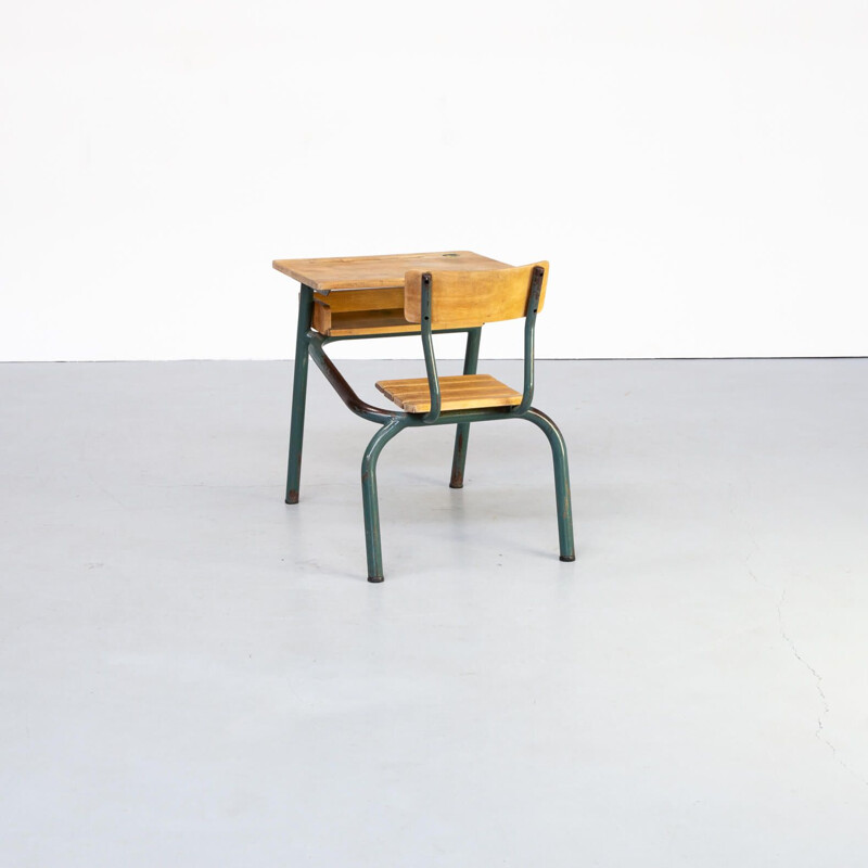 Banc d'école vintage en métal et bois 1950