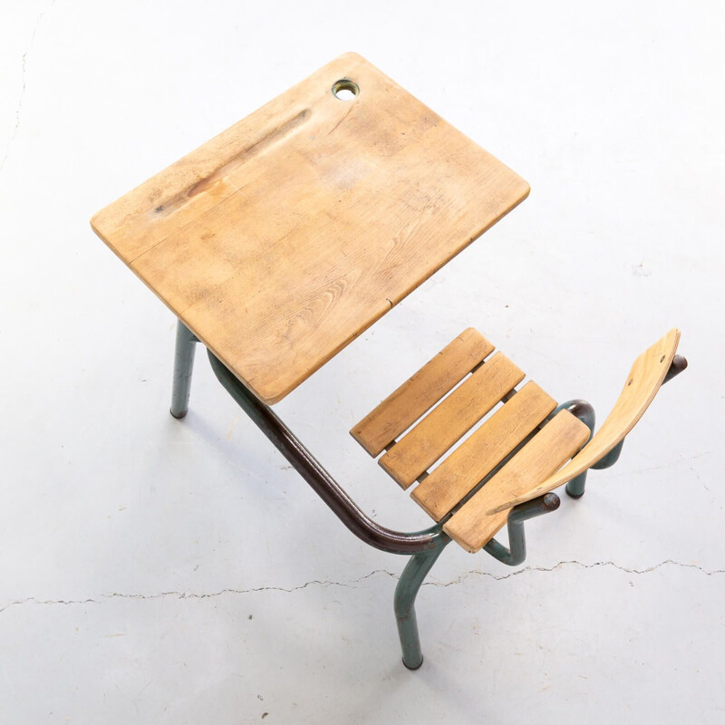 Banc d'école vintage en métal et bois 1950