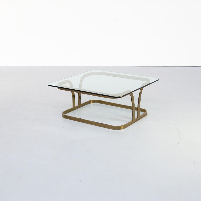 Table basse vintage carrée en laiton et verre 1970