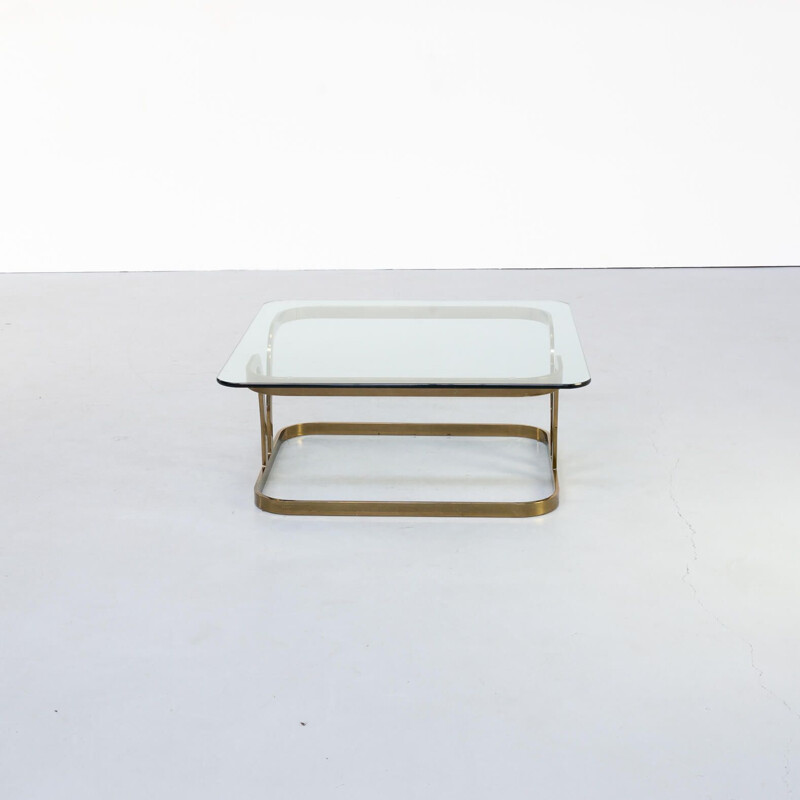 Table basse vintage carrée en laiton et verre 1970
