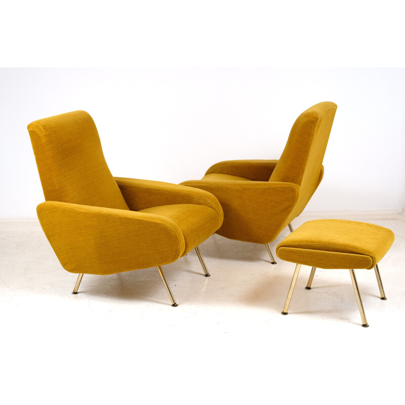 Pair of vintage armchairs and Troika footrest by P. Guariche for Airborne 1950s