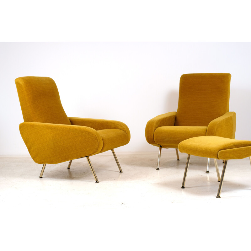 Pair of vintage armchairs and Troika footrest by P. Guariche for Airborne 1950s