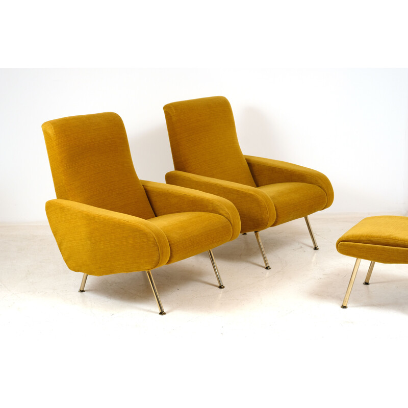 Pair of vintage armchairs and Troika footrest by P. Guariche for Airborne 1950s