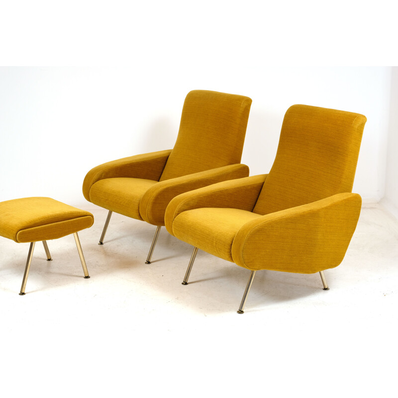 Pair of vintage armchairs and Troika footrest by P. Guariche for Airborne 1950s