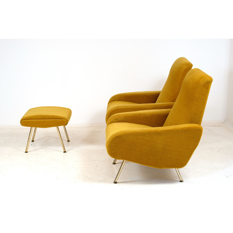 Pair of vintage armchairs and Troika footrest by P. Guariche for Airborne 1950s