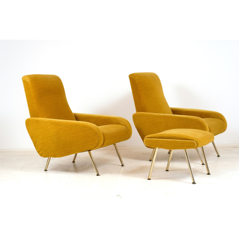 Pair of vintage armchairs and Troika footrest by P. Guariche for Airborne 1950s