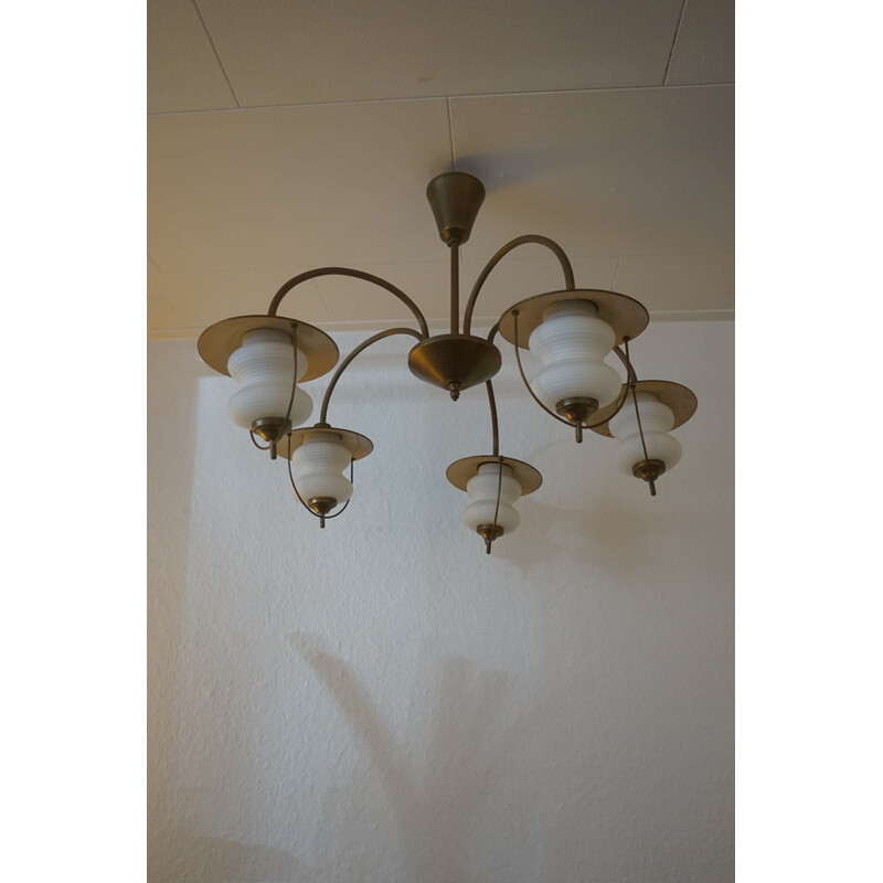 Vintage Copper & White Glass Ceiling Lamp Attributed to Bent Karlby from Lyfa 1940s