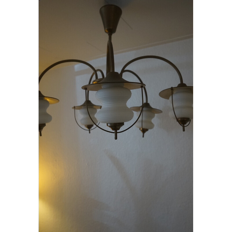 Vintage Copper & White Glass Ceiling Lamp Attributed to Bent Karlby from Lyfa 1940s