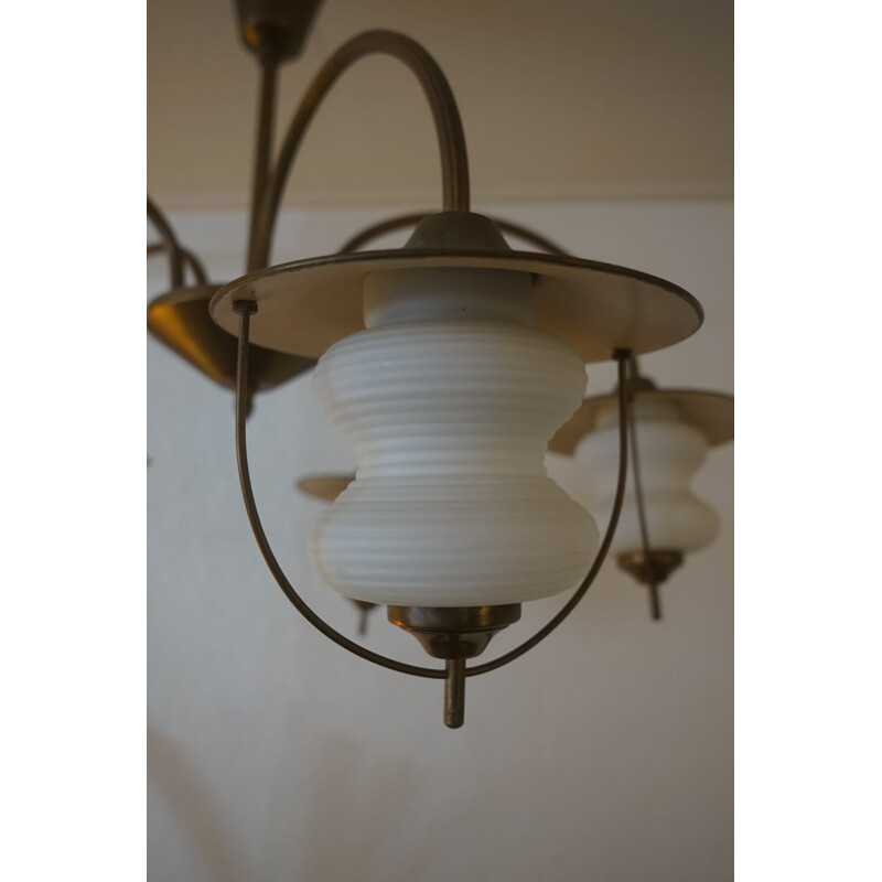 Vintage Copper & White Glass Ceiling Lamp Attributed to Bent Karlby from Lyfa 1940s