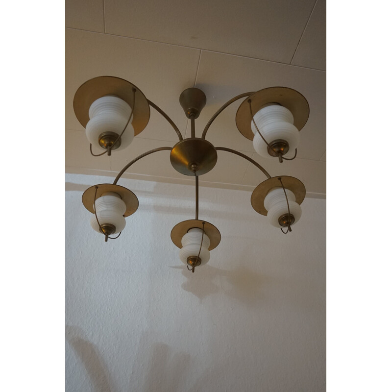 Vintage Copper & White Glass Ceiling Lamp Attributed to Bent Karlby from Lyfa 1940s