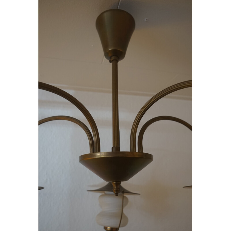 Vintage Copper & White Glass Ceiling Lamp Attributed to Bent Karlby from Lyfa 1940s