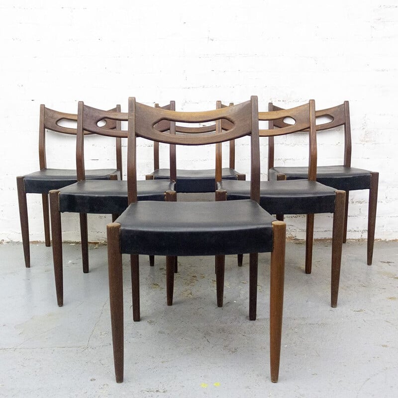 Set of 6 vintage Teak and Leatherette Chairs, Scandinavian 1950s