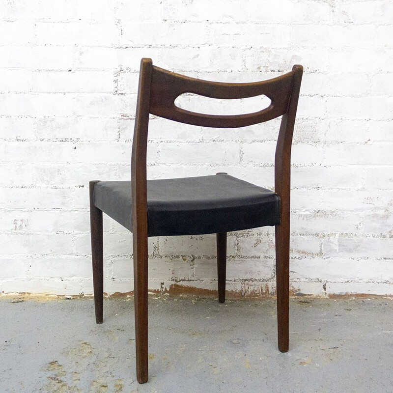 Conjunto de 6 cadeiras de teca vintage e pele, escandinavas 1950