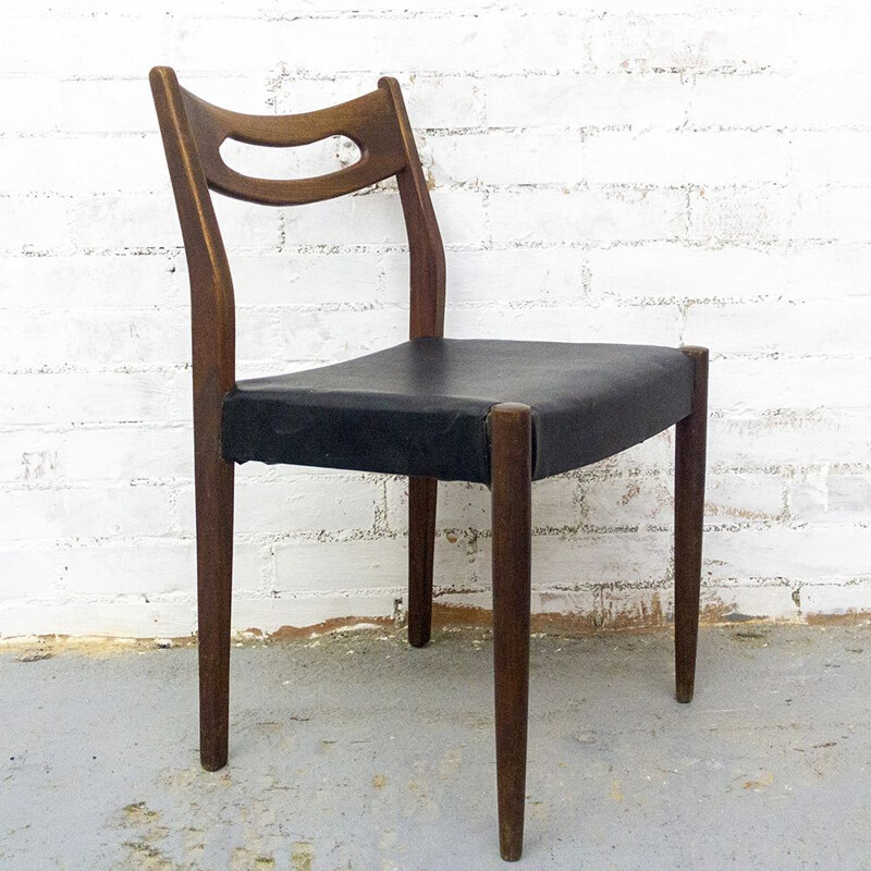 Set of 6 vintage Teak and Leatherette Chairs, Scandinavian 1950s