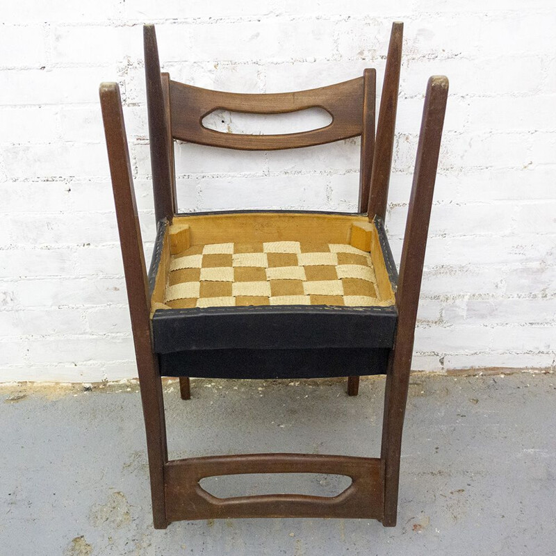 Conjunto de 6 cadeiras de teca vintage e pele, escandinavas 1950