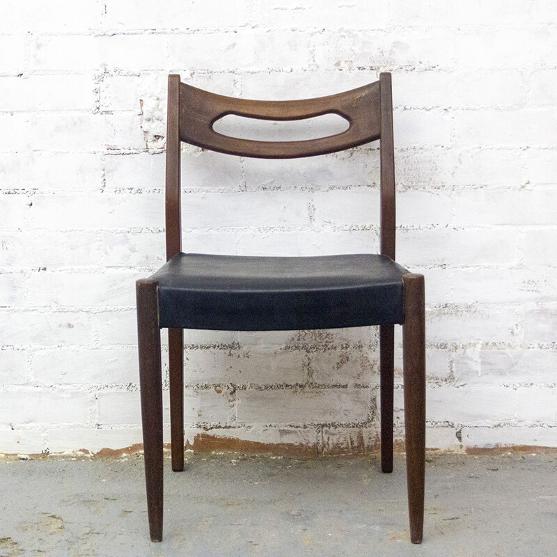 Set of 6 vintage Teak and Leatherette Chairs, Scandinavian 1950s