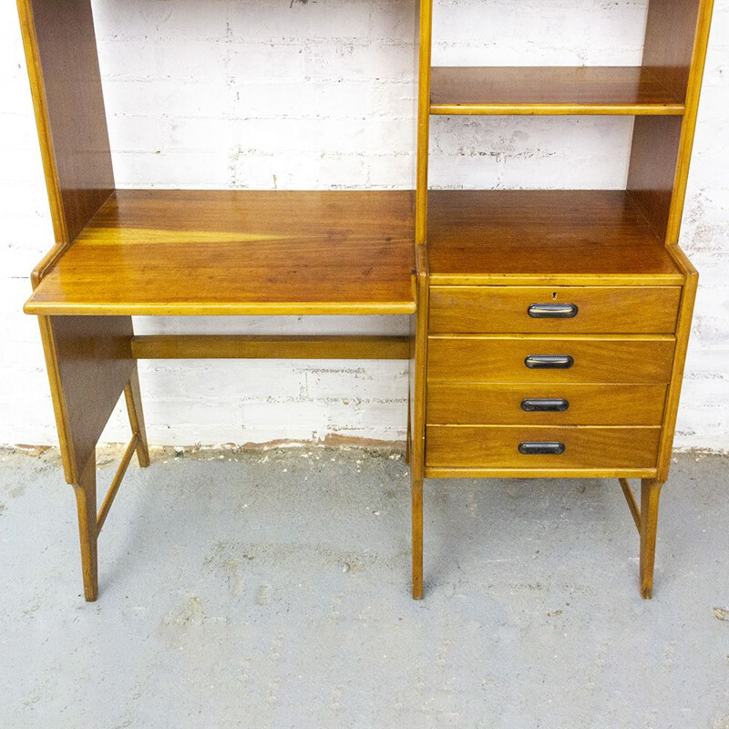 Bureau vintage en teck avec bibliothèque 1950